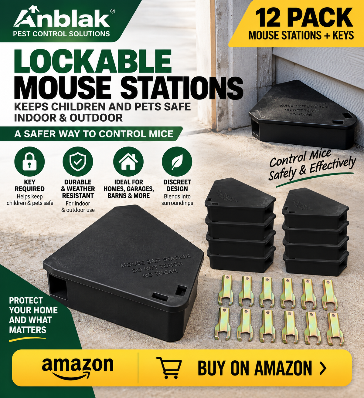 Lockable mouse and small rodent stations to hold bait and poison to kill mice 